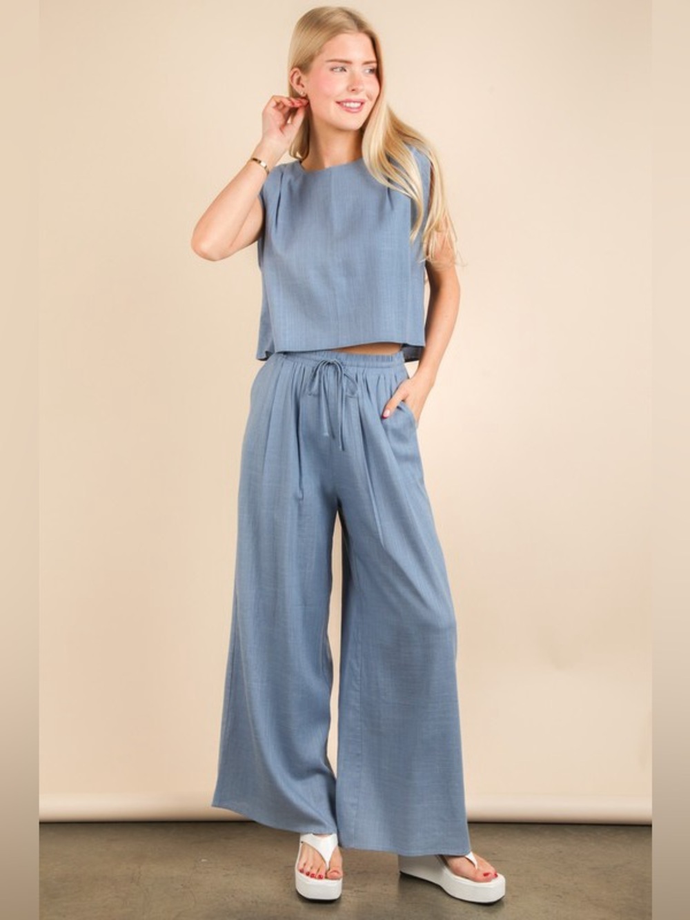 VERY J Solid Woven Top & Pants Set